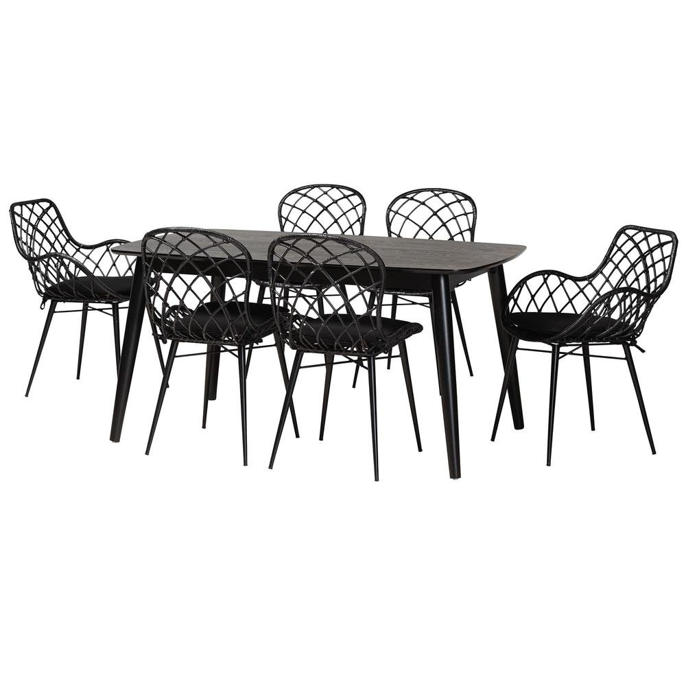 Aniceta Modern Bohemian Black Finished Wood and Rattan 7-Piece Dining Set. Picture 13