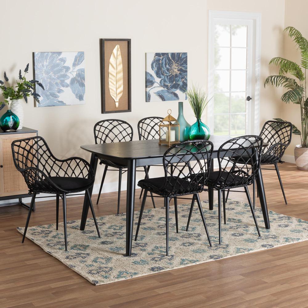 Aniceta Modern Bohemian Black Finished Wood and Rattan 7-Piece Dining Set. Picture 22