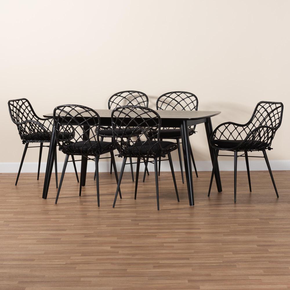 Aniceta Modern Bohemian Black Finished Wood and Rattan 7-Piece Dining Set. Picture 23