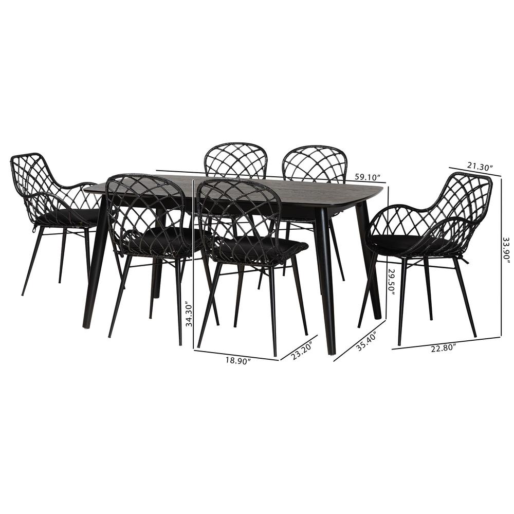 Aniceta Modern Bohemian Black Finished Wood and Rattan 7-Piece Dining Set. Picture 24