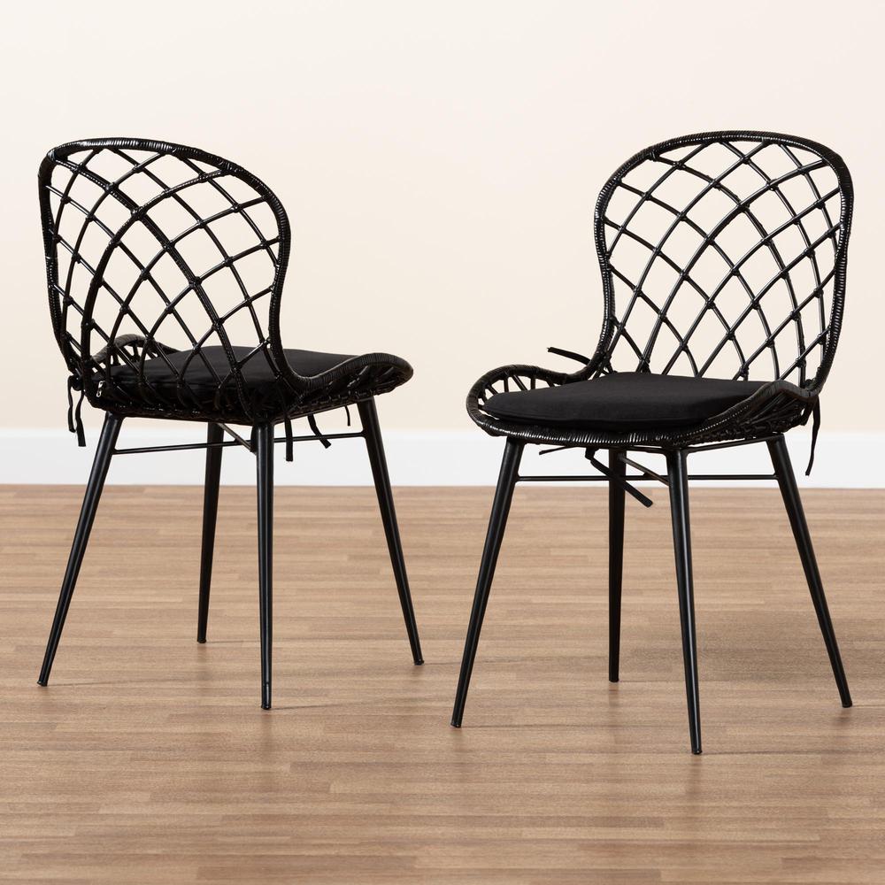 Bohemian Black Finished Rattan and Metal 2-Piece Dining Chair Set. Picture 17