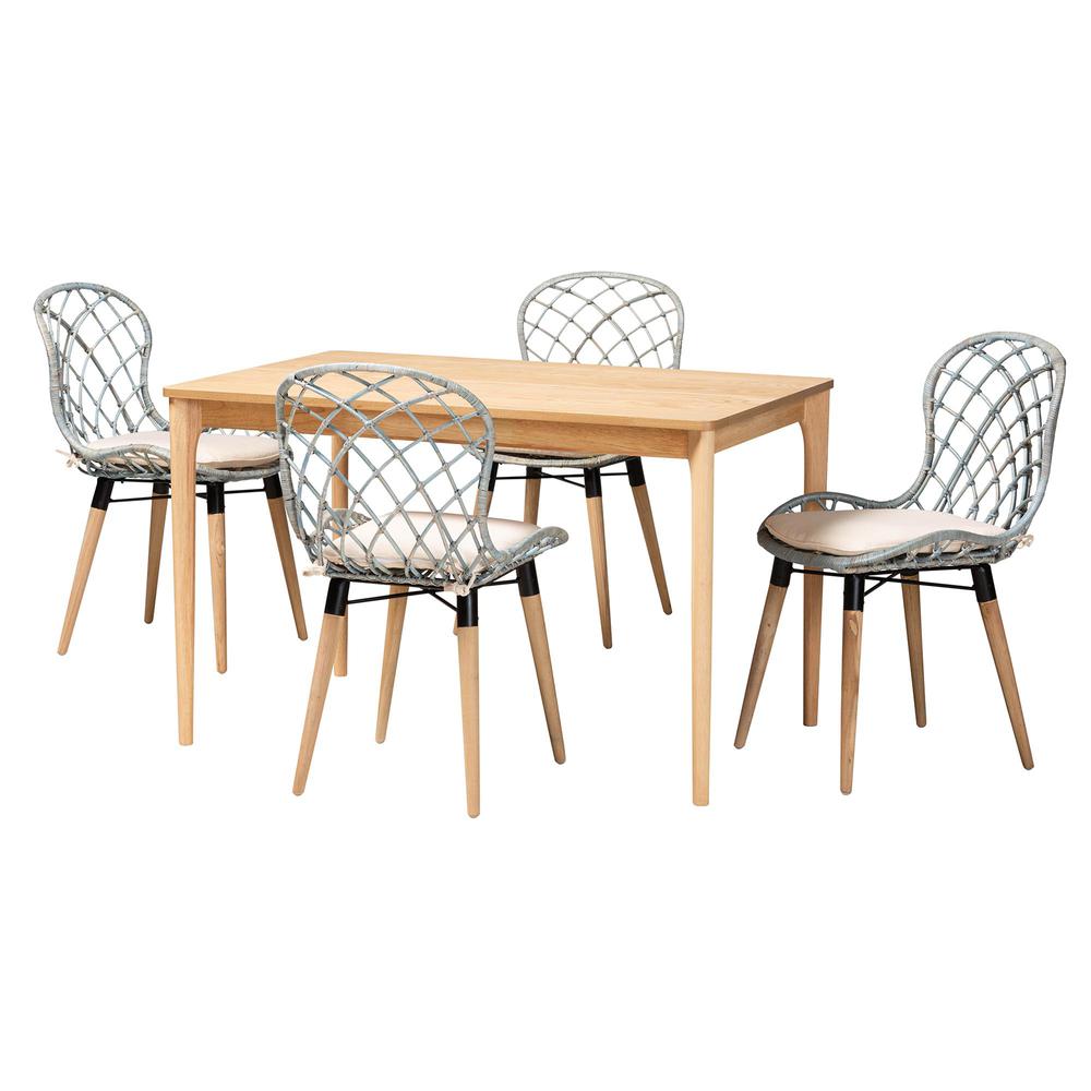 Bohemian Light Blue Rattan and Natural Brown Finished Wood 5-Piece Dining Set. Picture 11