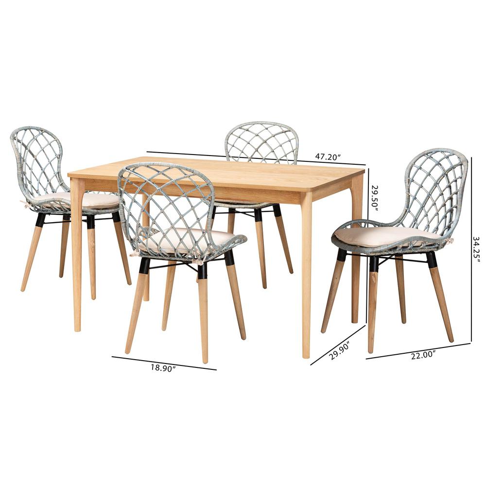 Bohemian Light Blue Rattan and Natural Brown Finished Wood 5-Piece Dining Set. Picture 20