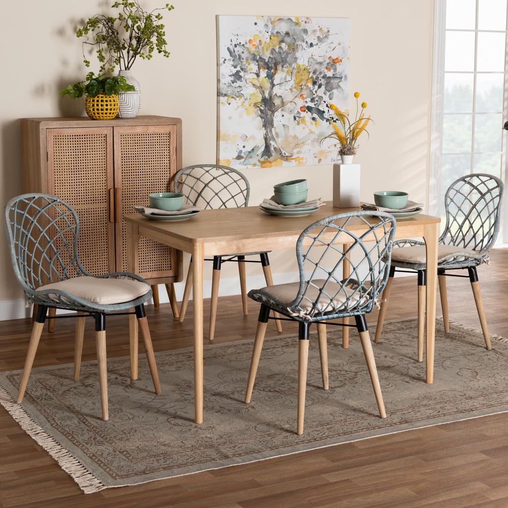 Bohemian Light Blue Rattan and Natural Brown Finished Wood 5-Piece Dining Set. Picture 18