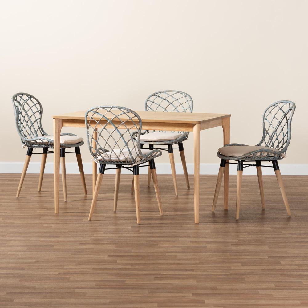 Bohemian Light Blue Rattan and Natural Brown Finished Wood 5-Piece Dining Set. Picture 19