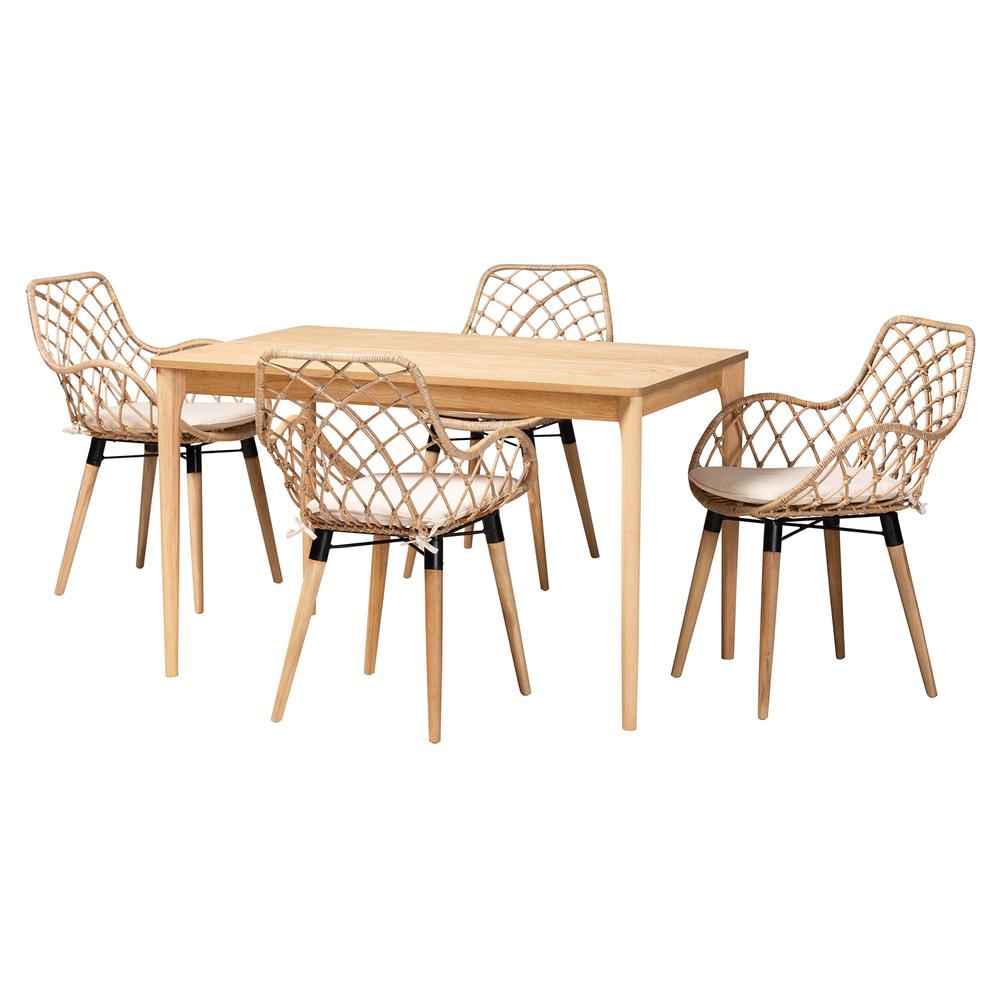 Bohemian Greywashed Rattan and Natural Brown Finished Wood 5-Piece Dining Set. Picture 11