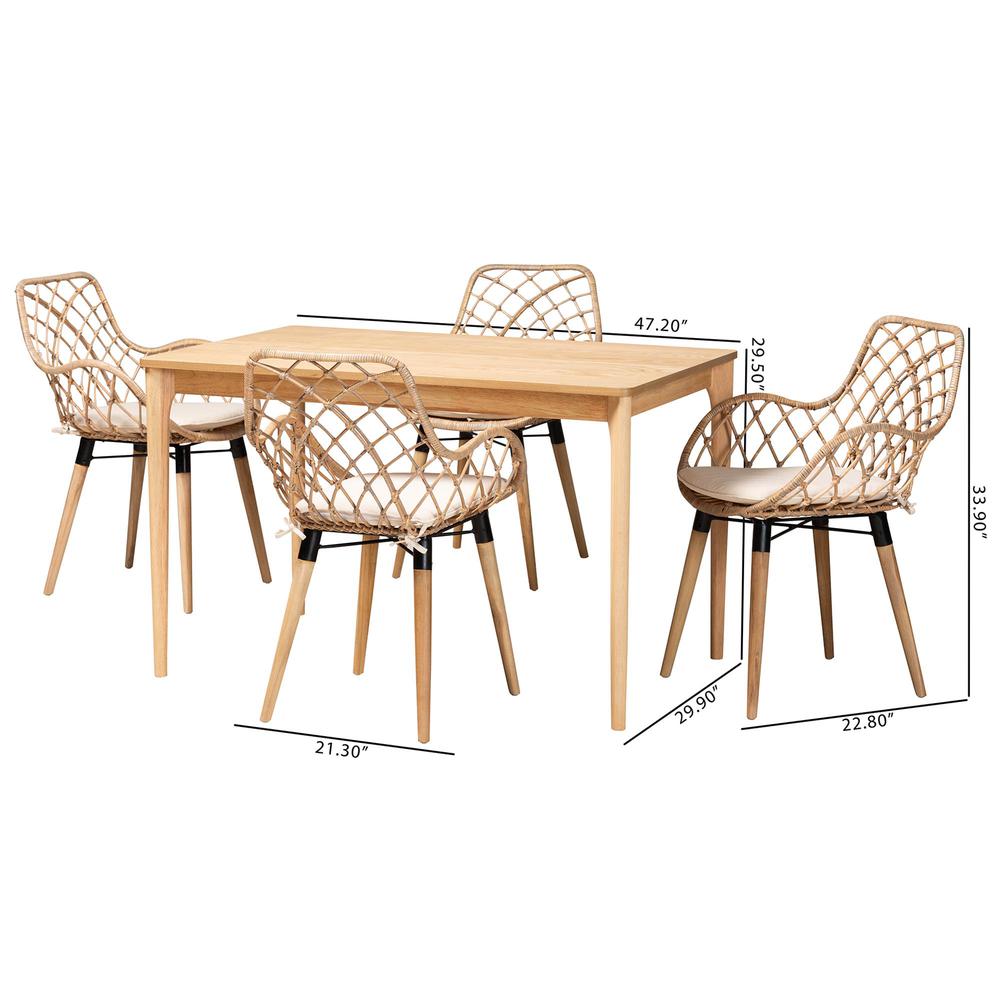 Bohemian Greywashed Rattan and Natural Brown Finished Wood 5-Piece Dining Set. Picture 20