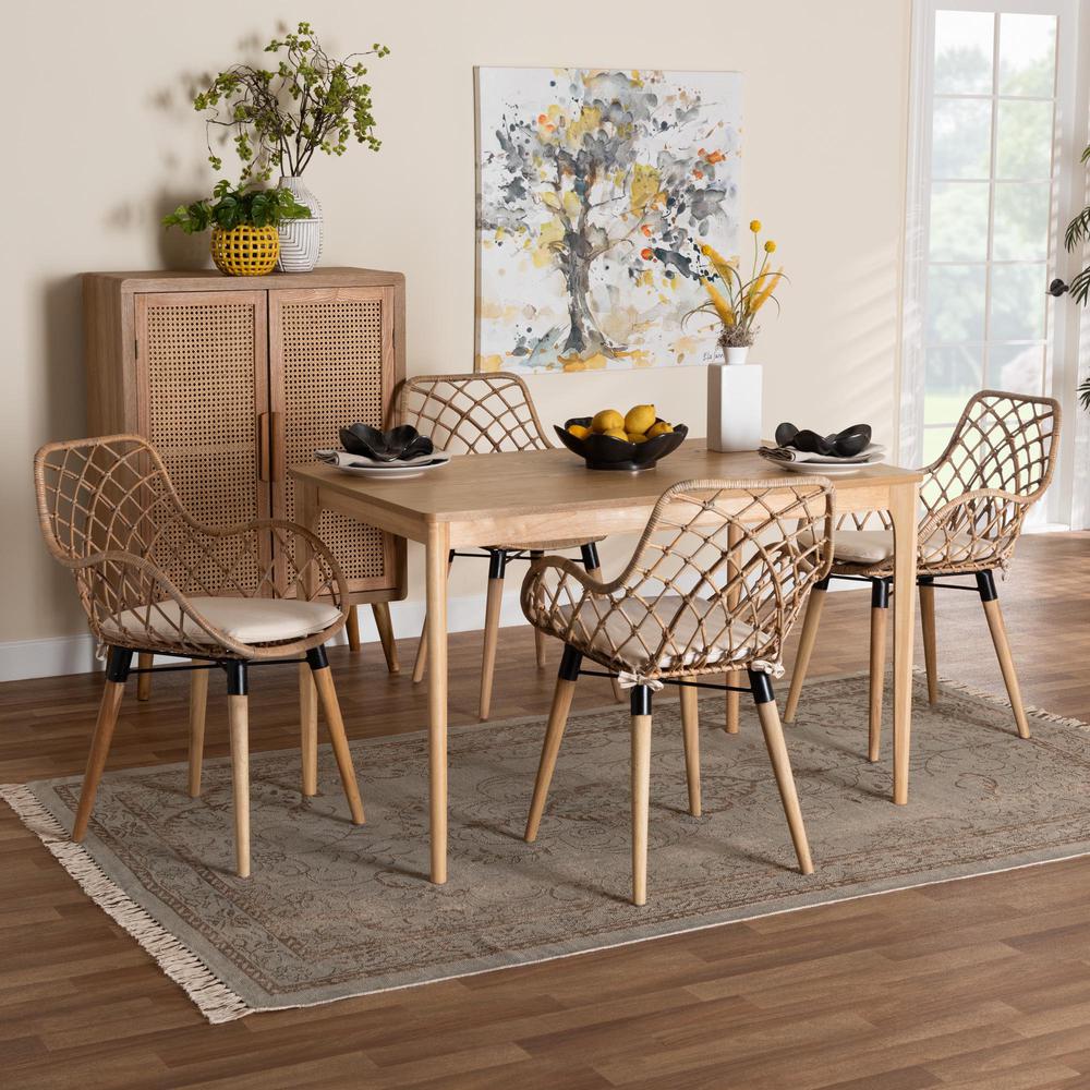Bohemian Greywashed Rattan and Natural Brown Finished Wood 5-Piece Dining Set. Picture 18