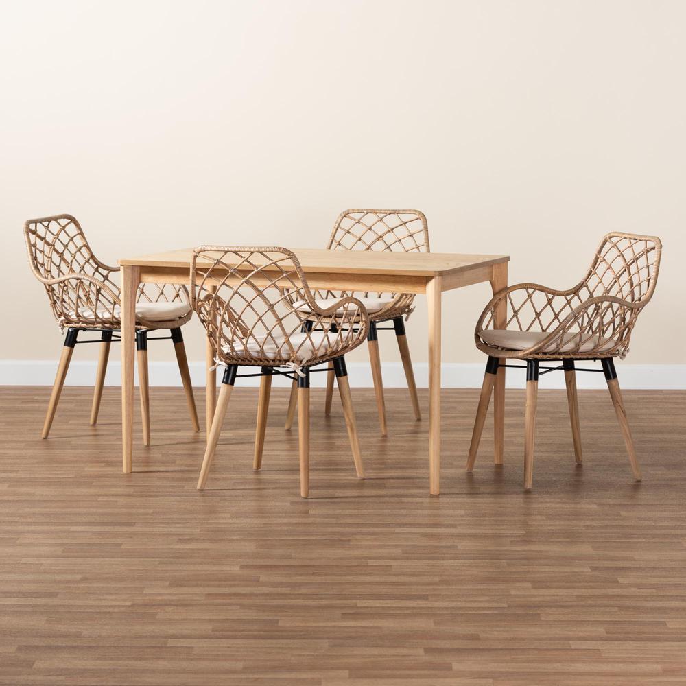 Bohemian Greywashed Rattan and Natural Brown Finished Wood 5-Piece Dining Set. Picture 19