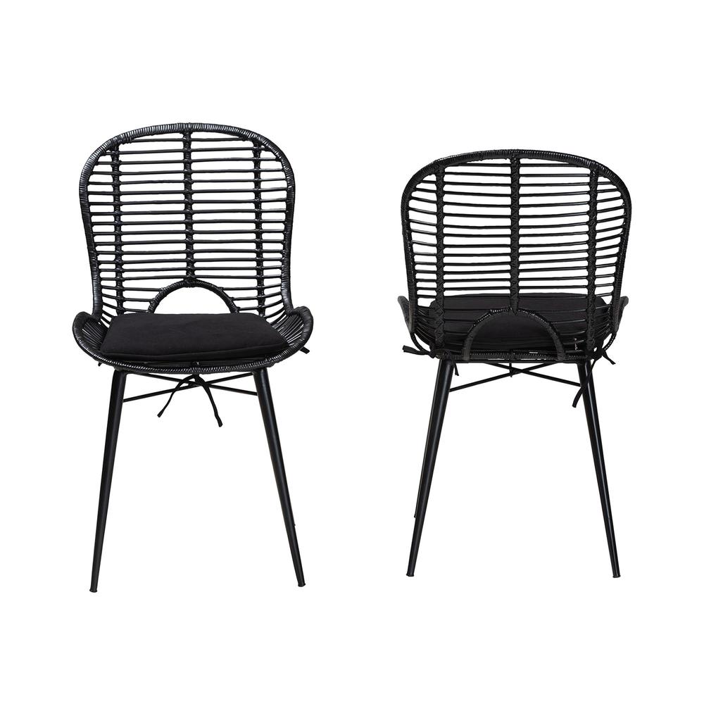 Bohemian Black Finished Rattan and Metal 2-Piece Dining Chair Set. Picture 11