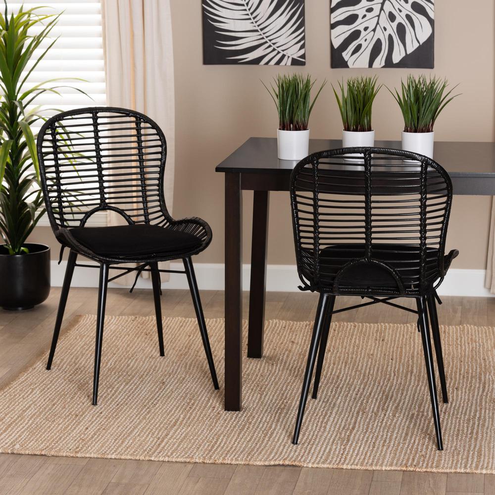 Bohemian Black Finished Rattan and Metal 2-Piece Dining Chair Set. Picture 16