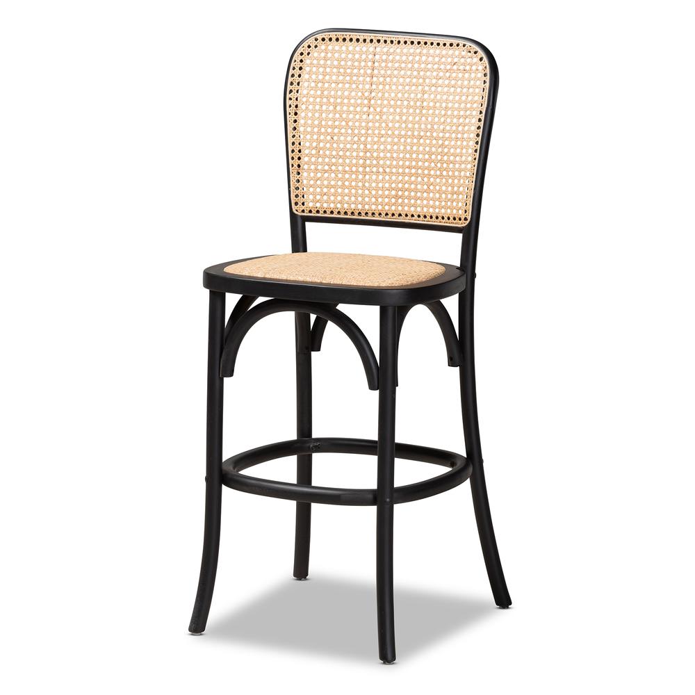 Vance Mid-Century Modern Brown Woven Rattan and Black Wood Cane Counter Stool. Picture 9