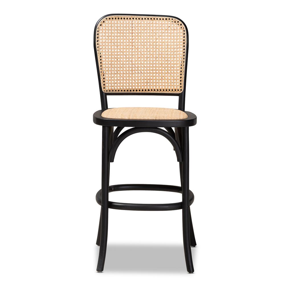 Vance Mid-Century Modern Brown Woven Rattan and Black Wood Cane Counter Stool. Picture 10