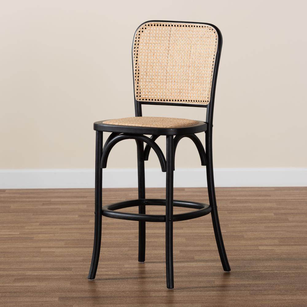 Vance Mid-Century Modern Brown Woven Rattan and Black Wood Cane Counter Stool. Picture 16