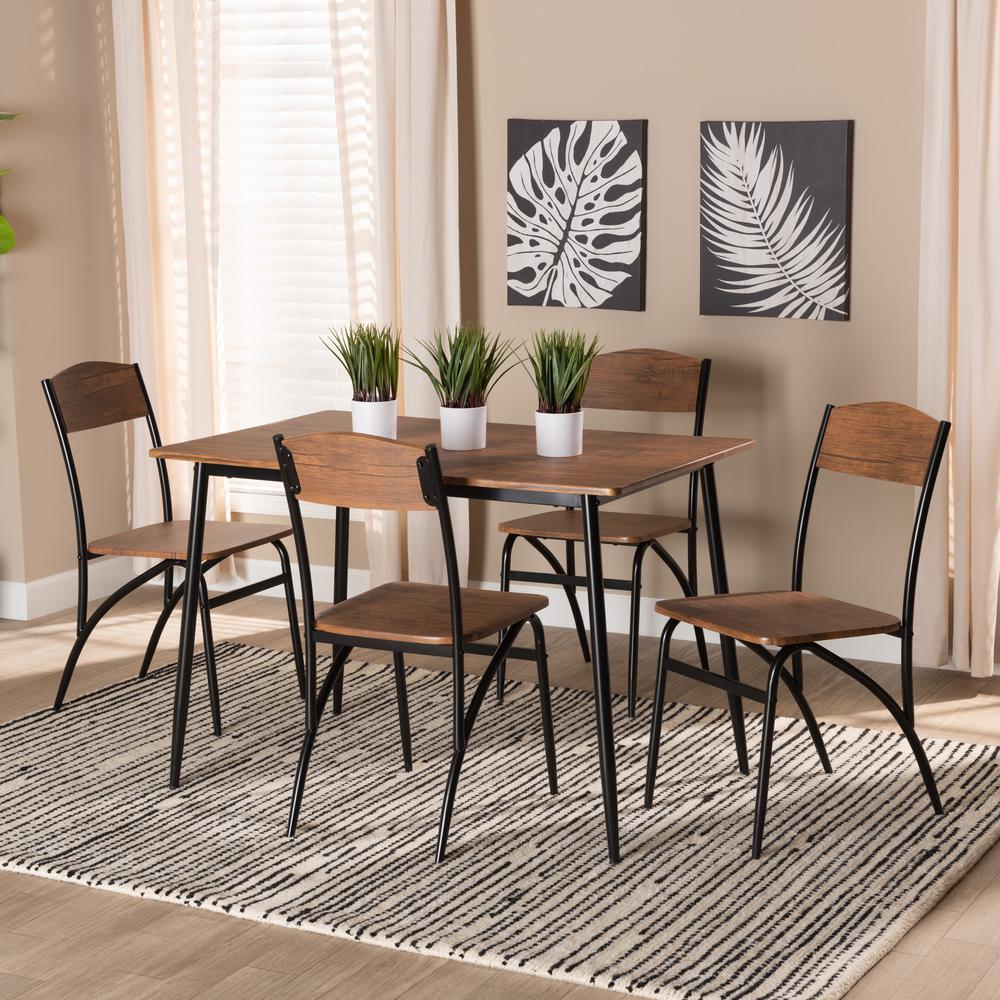 Industrial Walnut Brown Finished Wood and Black Metal 5-Piece Dining Set. Picture 18