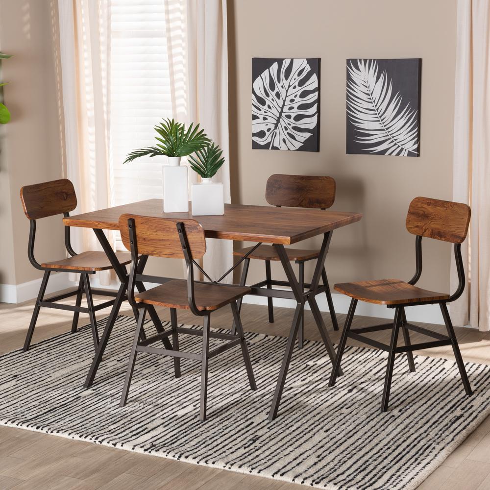 Industrial Walnut Brown Finished Wood and Black Metal 5-Piece Dining Set. Picture 18