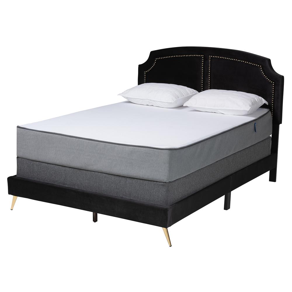 Oxley Traditional Glam and Luxe Black Velvet and Gold Metal Queen Size Panel Bed. Picture 10