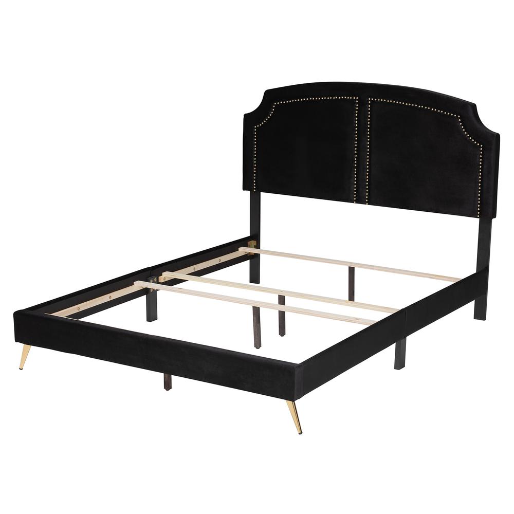 Oxley Traditional Glam and Luxe Black Velvet and Gold Metal Queen Size Panel Bed. Picture 12