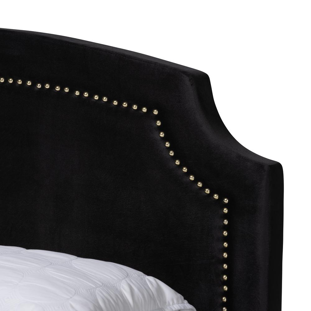 Oxley Traditional Glam and Luxe Black Velvet and Gold Metal Queen Size Panel Bed. Picture 13