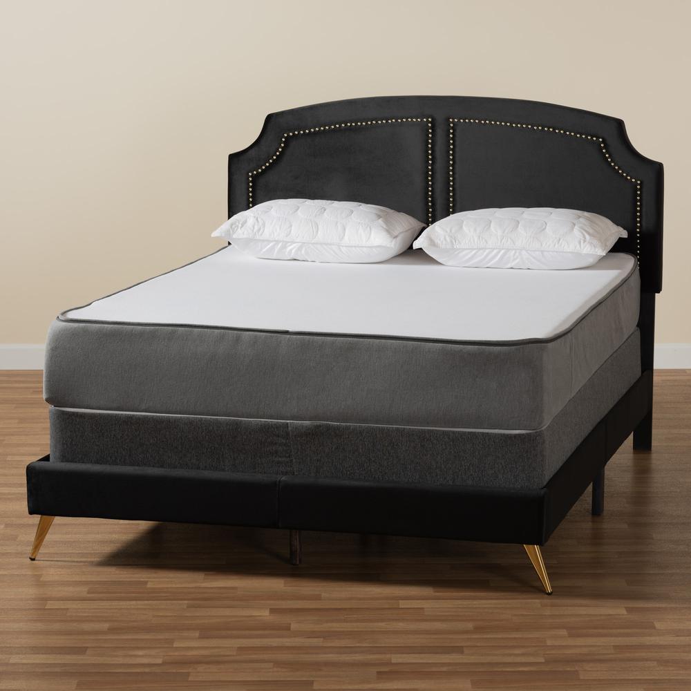 Oxley Traditional Glam and Luxe Black Velvet and Gold Metal Queen Size Panel Bed. Picture 17