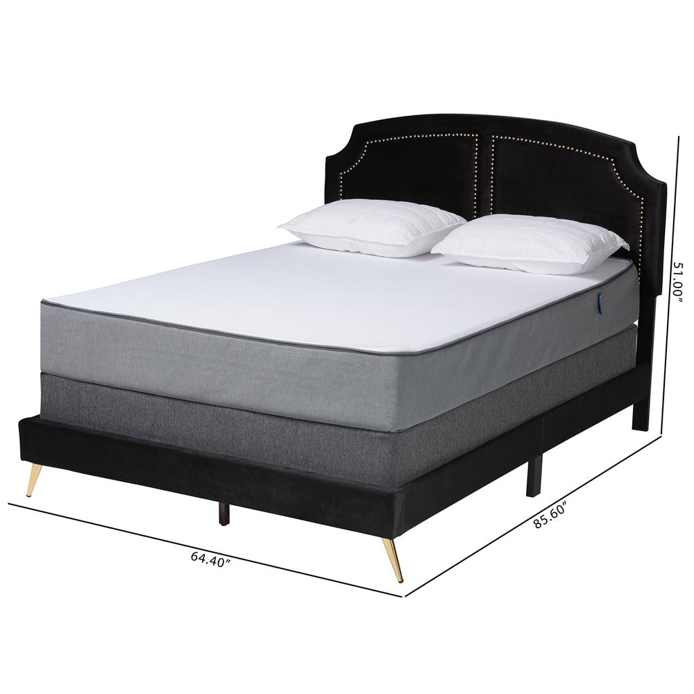Oxley Traditional Glam and Luxe Black Velvet and Gold Metal Queen Size Panel Bed. Picture 18