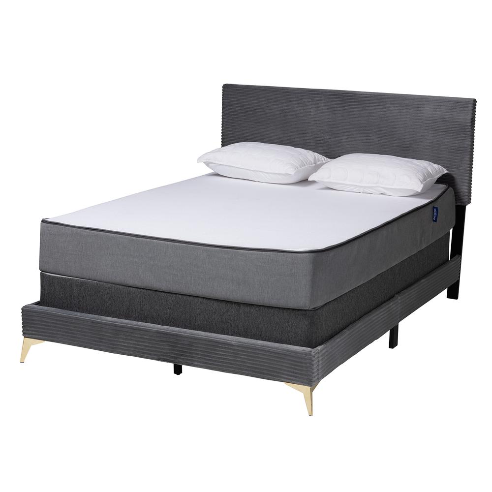 Abberton Modern and Contemporary Grey Velvet and Gold Metal Queen Size Panel Bed. Picture 10