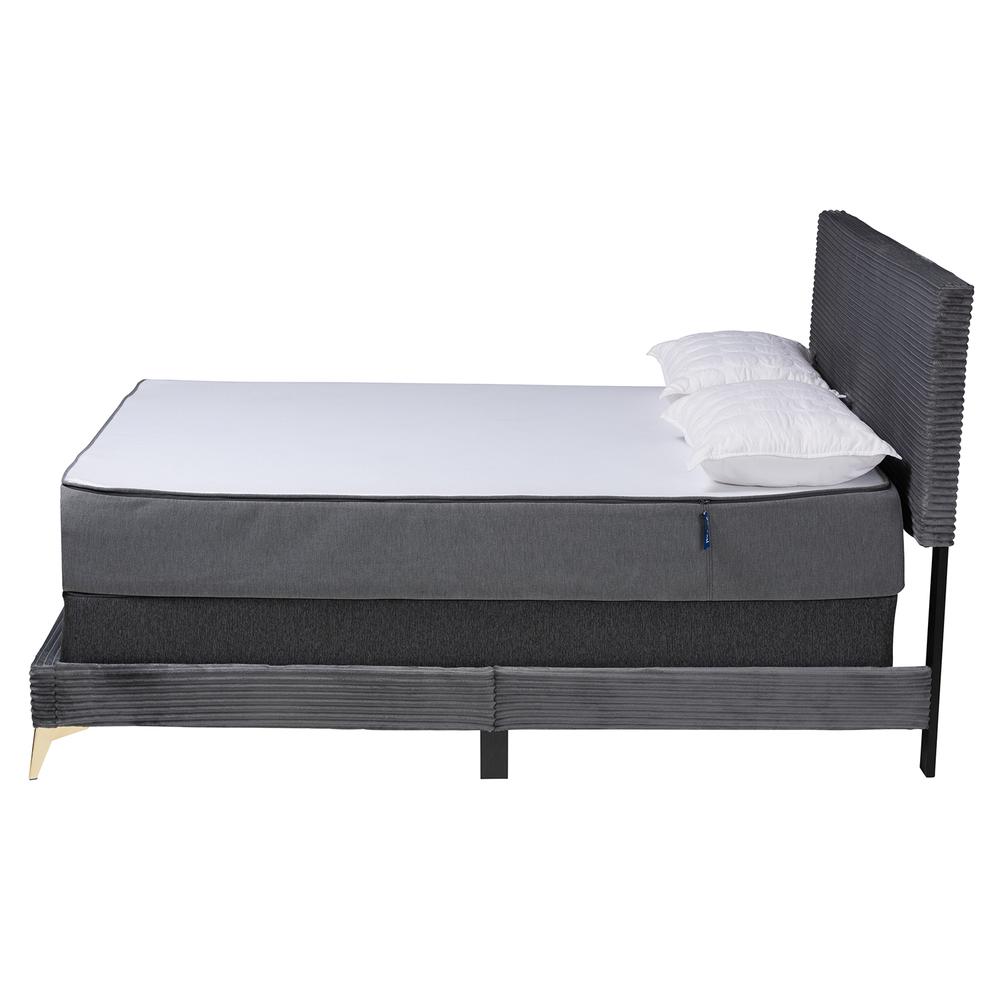 Abberton Modern and Contemporary Grey Velvet and Gold Metal Queen Size Panel Bed. Picture 11