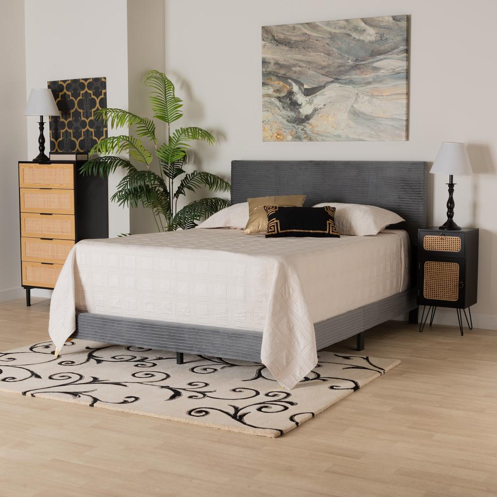 Abberton Modern and Contemporary Grey Velvet and Gold Metal Queen Size Panel Bed. Picture 16