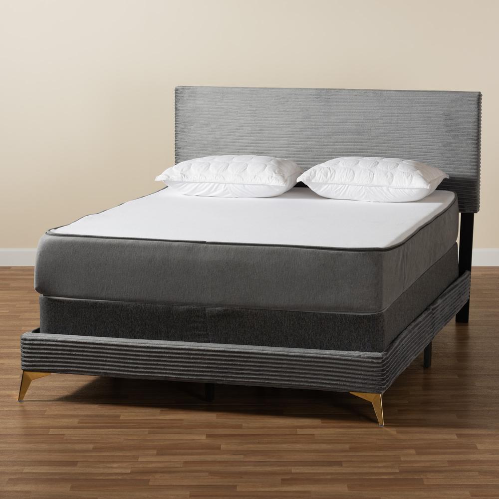 Abberton Modern and Contemporary Grey Velvet and Gold Metal Queen Size Panel Bed. Picture 17