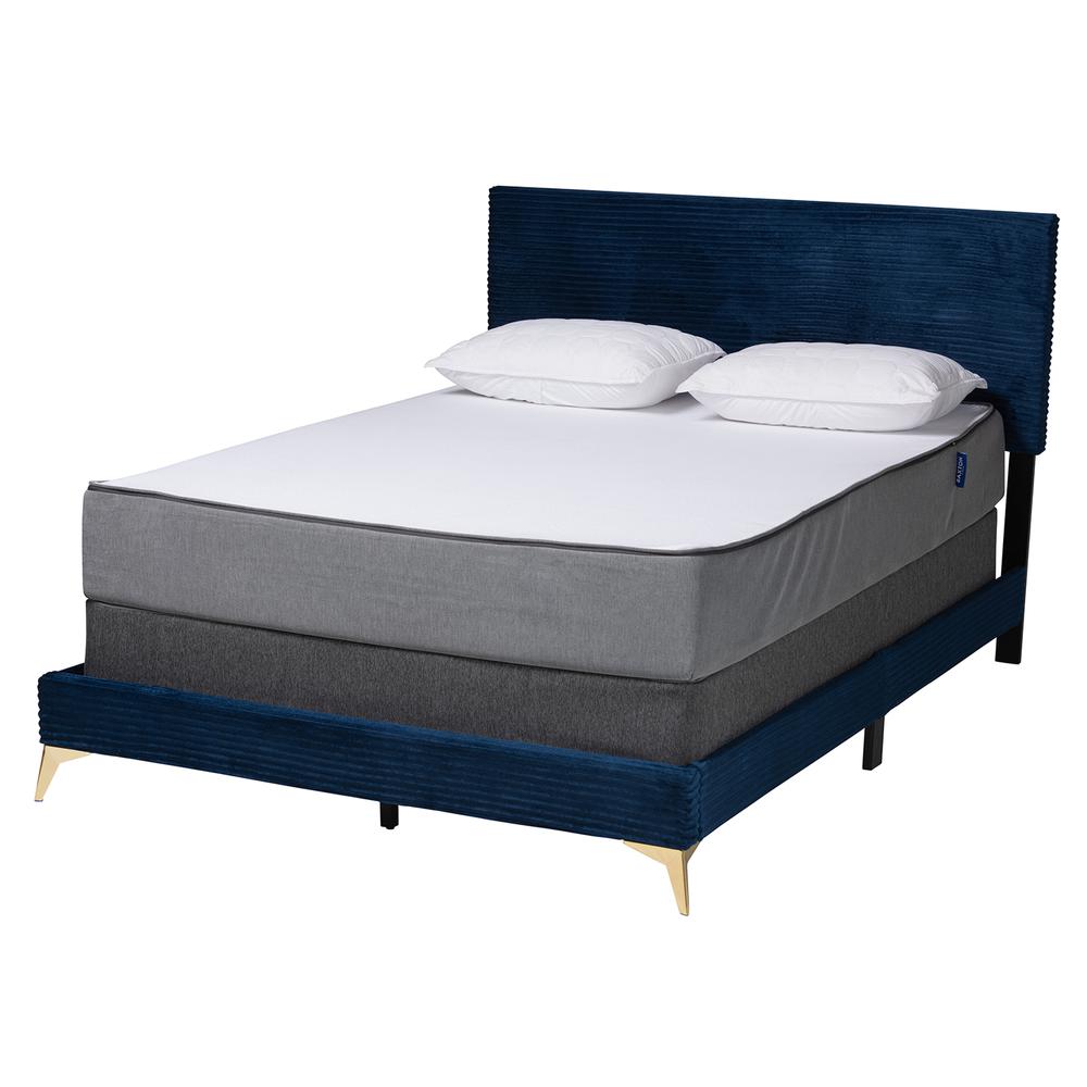 Navy Blue Velvet and Gold Metal Queen Size Panel Bed. Picture 10