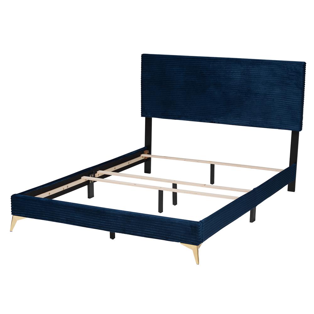 Navy Blue Velvet and Gold Metal Queen Size Panel Bed. Picture 12