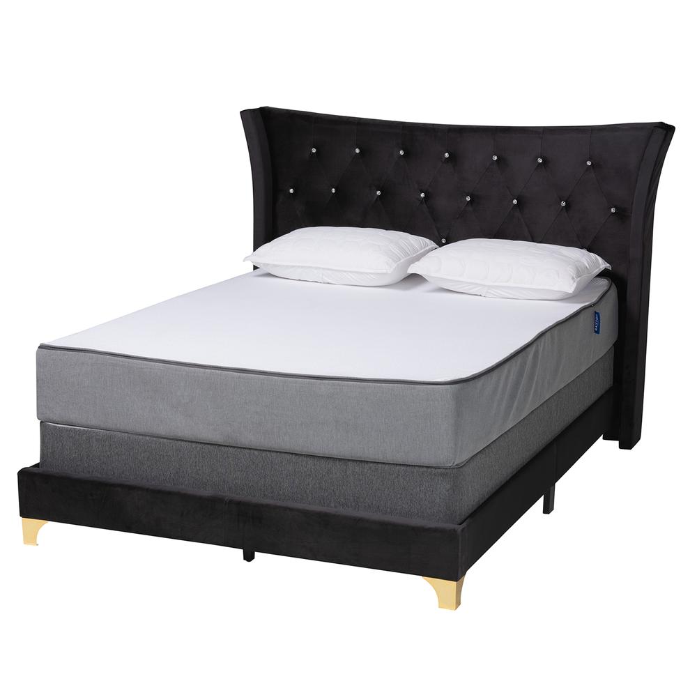 Glam and Luxe Black Velvet and Gold Metal Queen Size Panel Bed. Picture 10