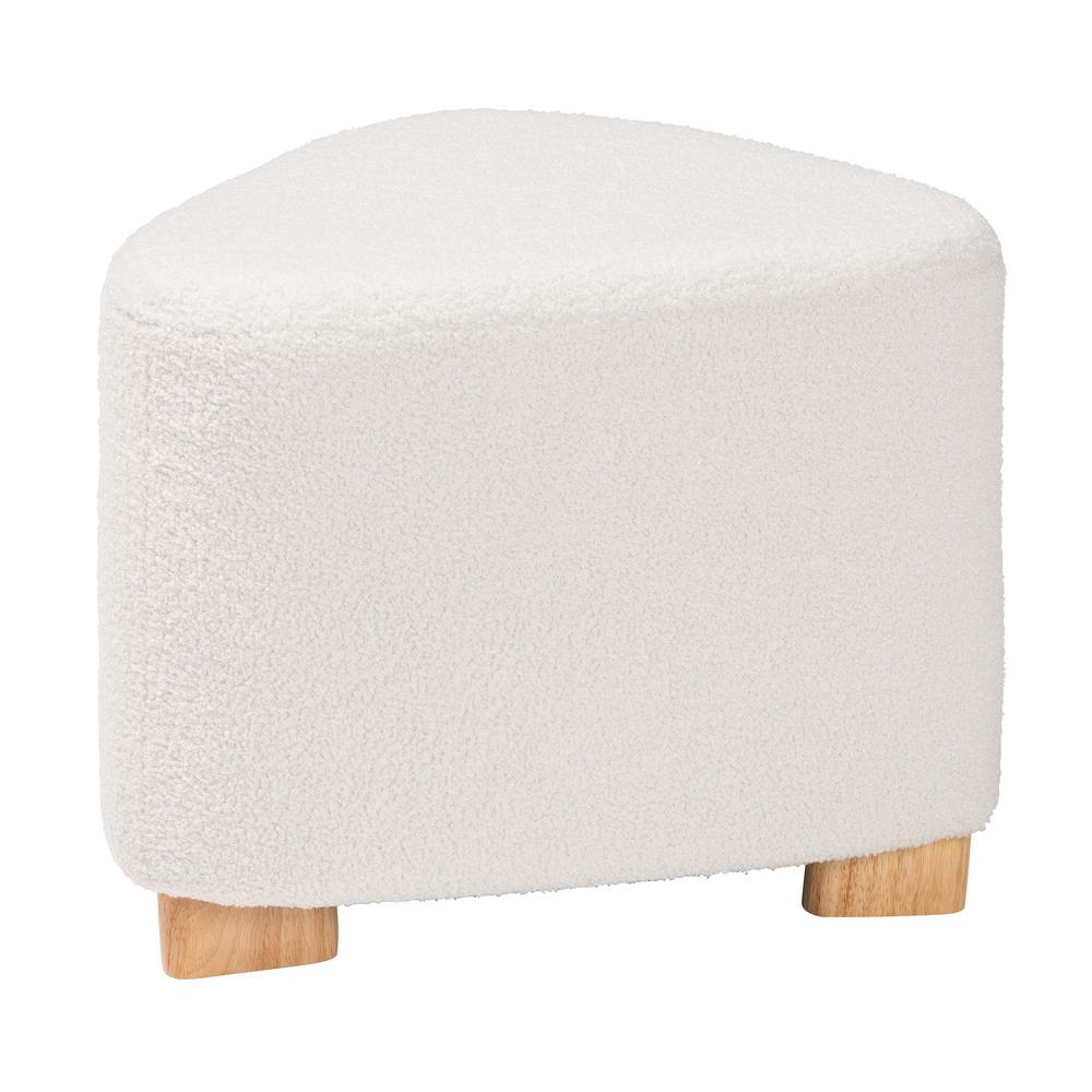 Ivory Boucle Upholstered and Natural Brown Finished Wood Ottoman. Picture 9