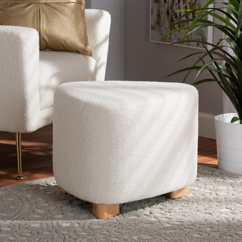 Ivory Boucle Upholstered and Natural Brown Finished Wood Ottoman. Picture 14