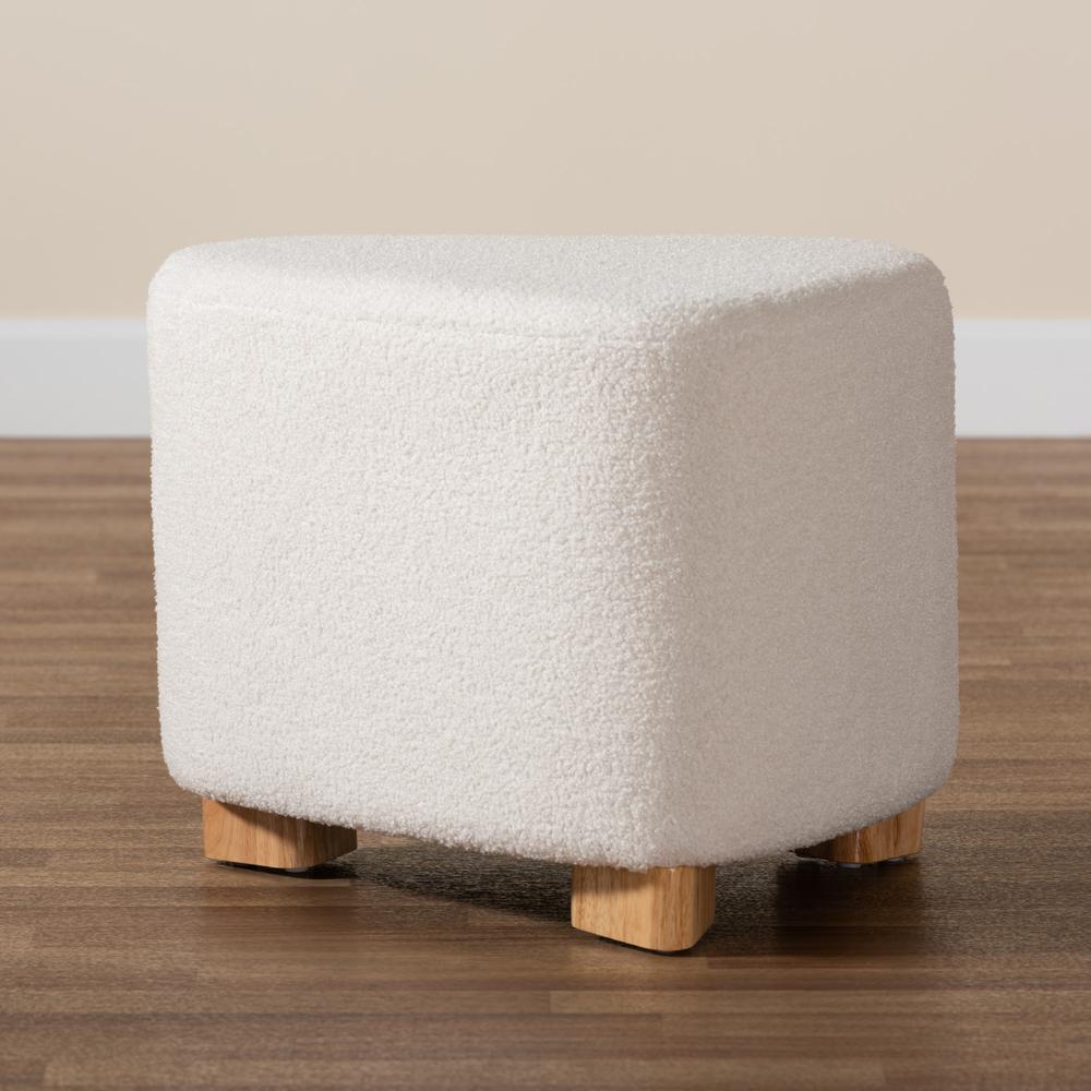 Ivory Boucle Upholstered and Natural Brown Finished Wood Ottoman. Picture 15