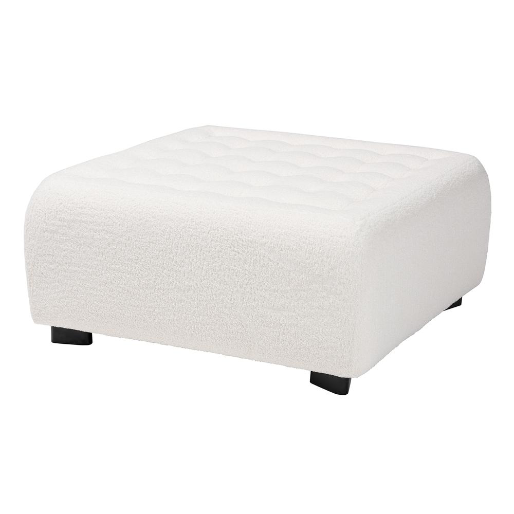 Ivory Boucle Upholstered and Black Finished Wood Square Ottoman. Picture 9