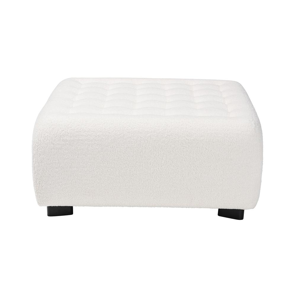 Ivory Boucle Upholstered and Black Finished Wood Square Ottoman. Picture 10