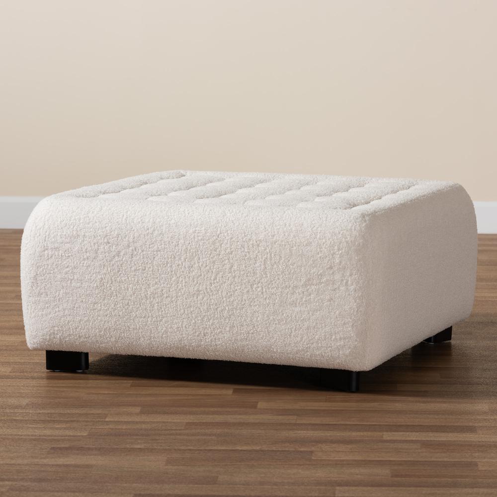 Ivory Boucle Upholstered and Black Finished Wood Square Ottoman. Picture 15