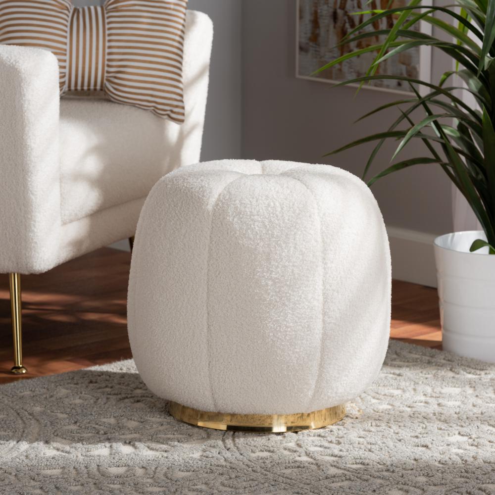 Raelynn Modern and Contemporary Ivory Boucle Upholstered and Gold Metal Ottoman. Picture 12