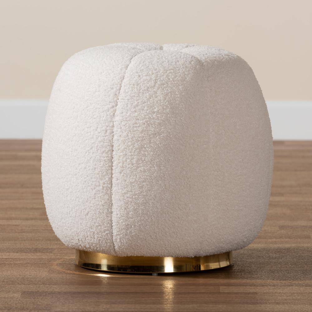 Raelynn Modern and Contemporary Ivory Boucle Upholstered and Gold Metal Ottoman. Picture 13