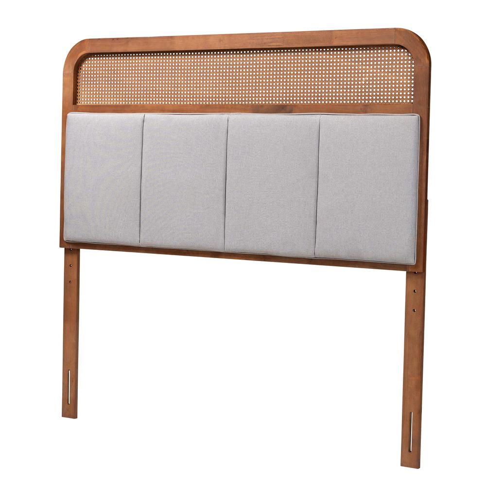 Light Grey Fabric and Ash Walnut Finished Wood King Size Headboard with Rattan. Picture 10