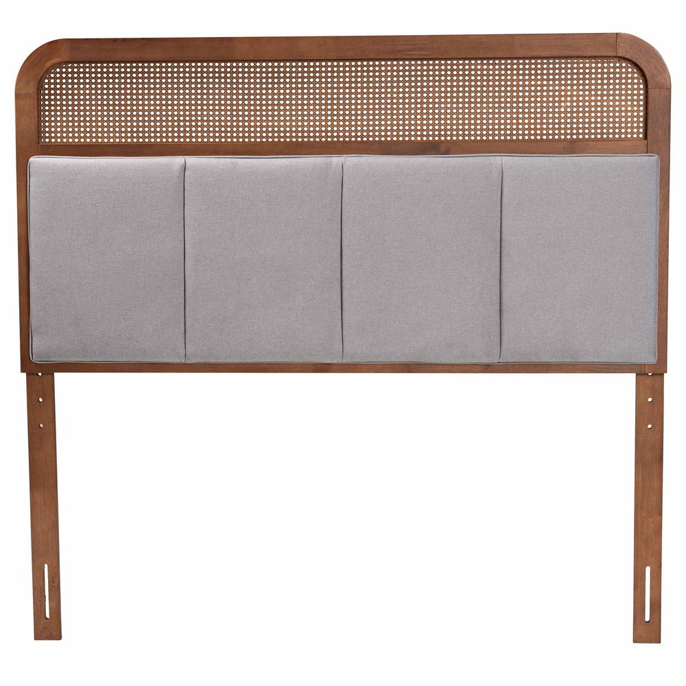 Light Grey Fabric and Ash Walnut Finished Wood King Size Headboard with Rattan. Picture 11