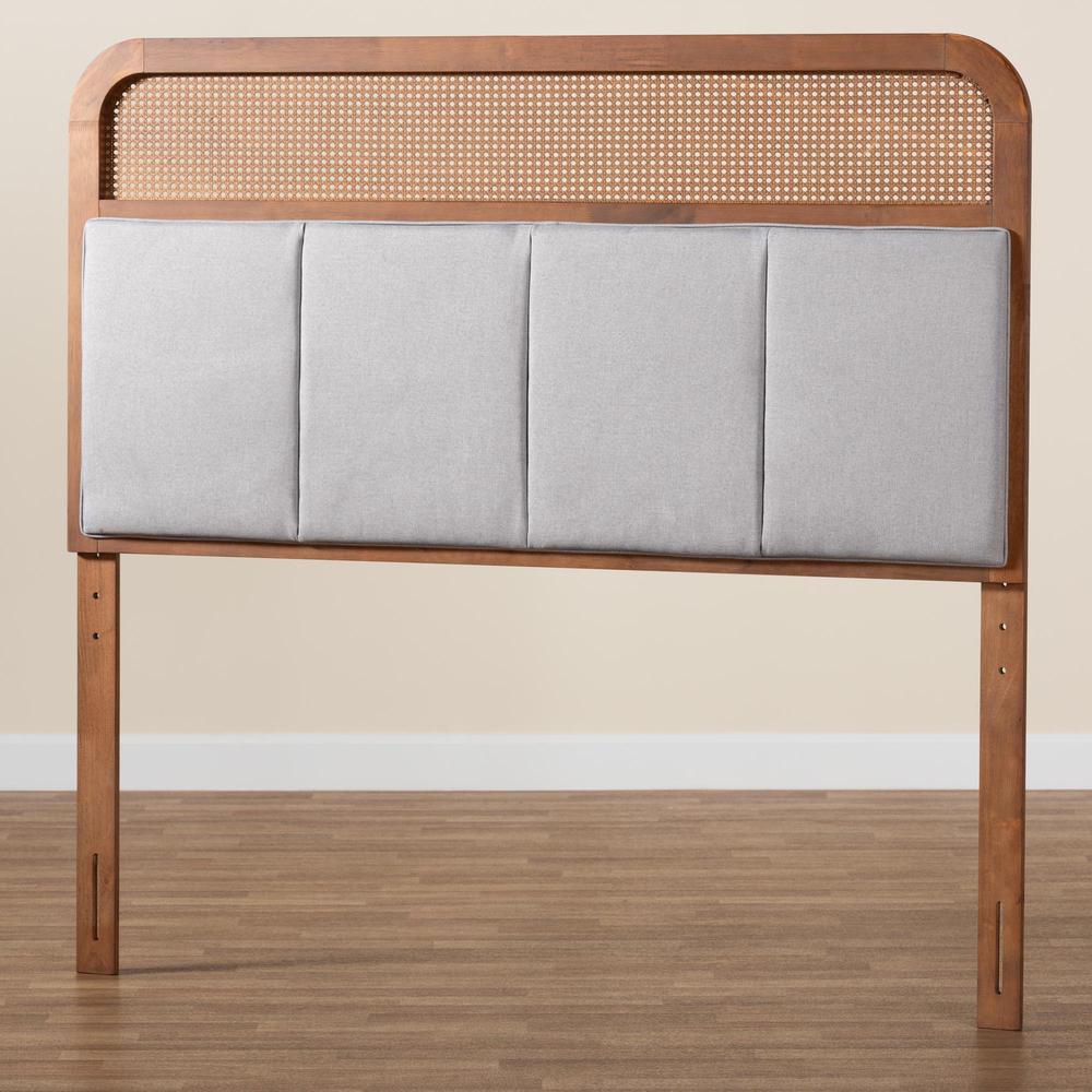 Light Grey Fabric and Ash Walnut Finished Wood King Size Headboard with Rattan. Picture 15
