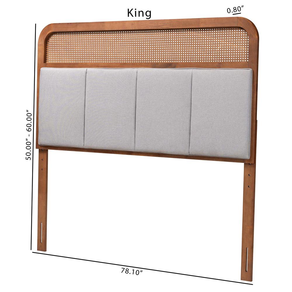 Light Grey Fabric and Ash Walnut Finished Wood King Size Headboard with Rattan. Picture 17