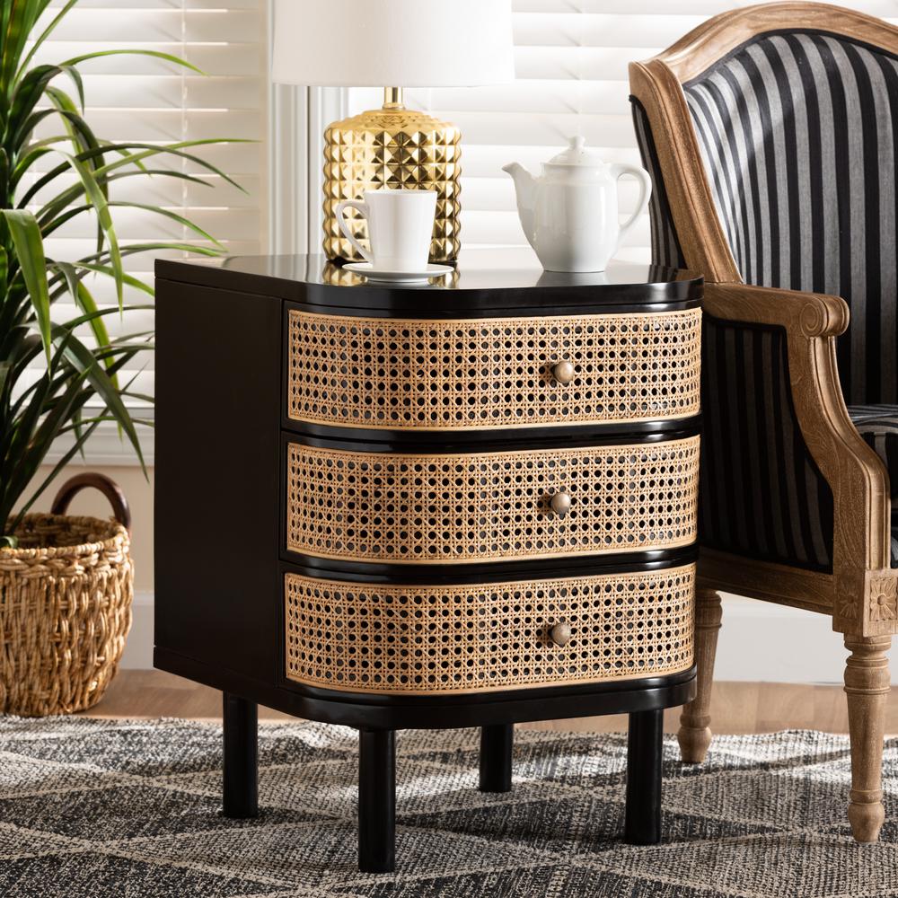 Bohemian Black Bayur Wood and Natural Rattan 3-Drawer End Table Nightstand. Picture 18