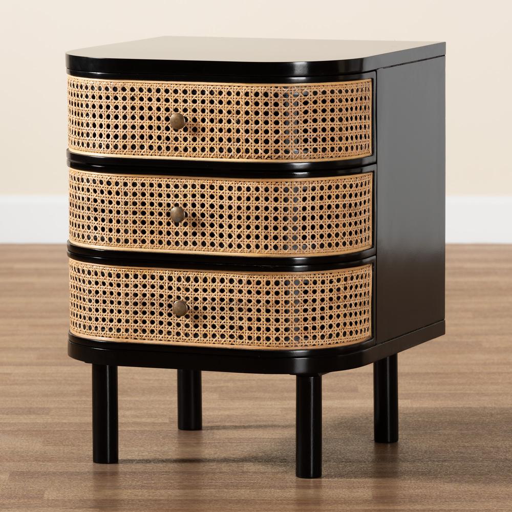 Bohemian Black Bayur Wood and Natural Rattan 3-Drawer End Table Nightstand. Picture 19