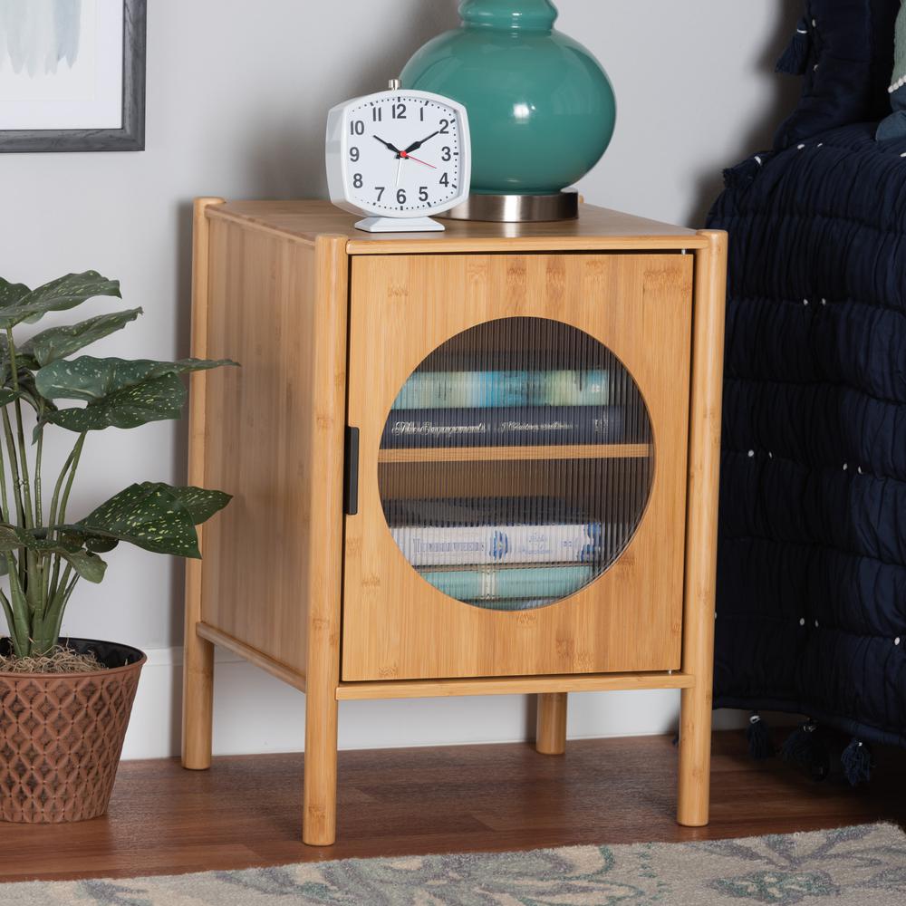 Transitional Natural Brown Bamboo Wood 1-Door End Table. Picture 18