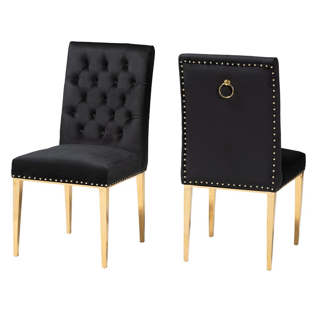 Glam and Luxe Black Velvet Fabric and Gold Metal 2-Piece Dining Chair Set. Picture 11