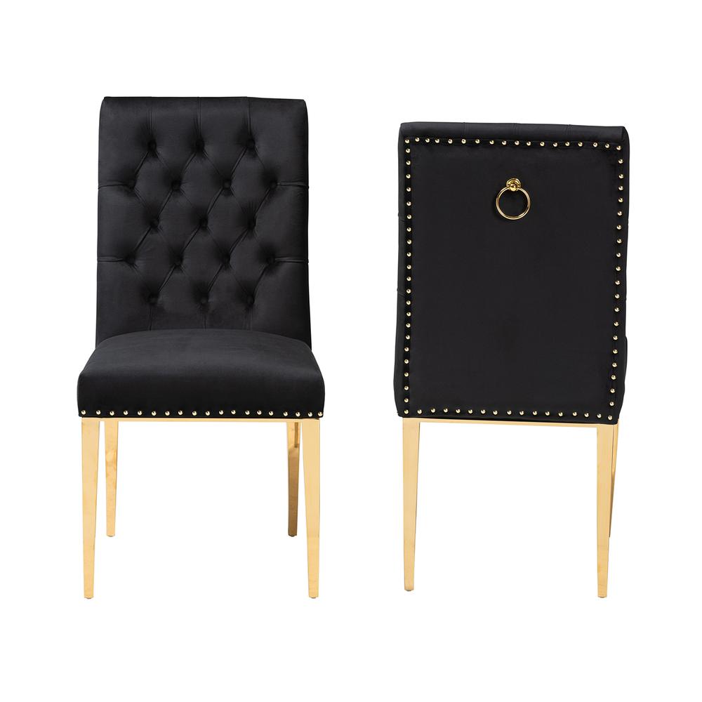 Glam and Luxe Black Velvet Fabric and Gold Metal 2-Piece Dining Chair Set. Picture 12