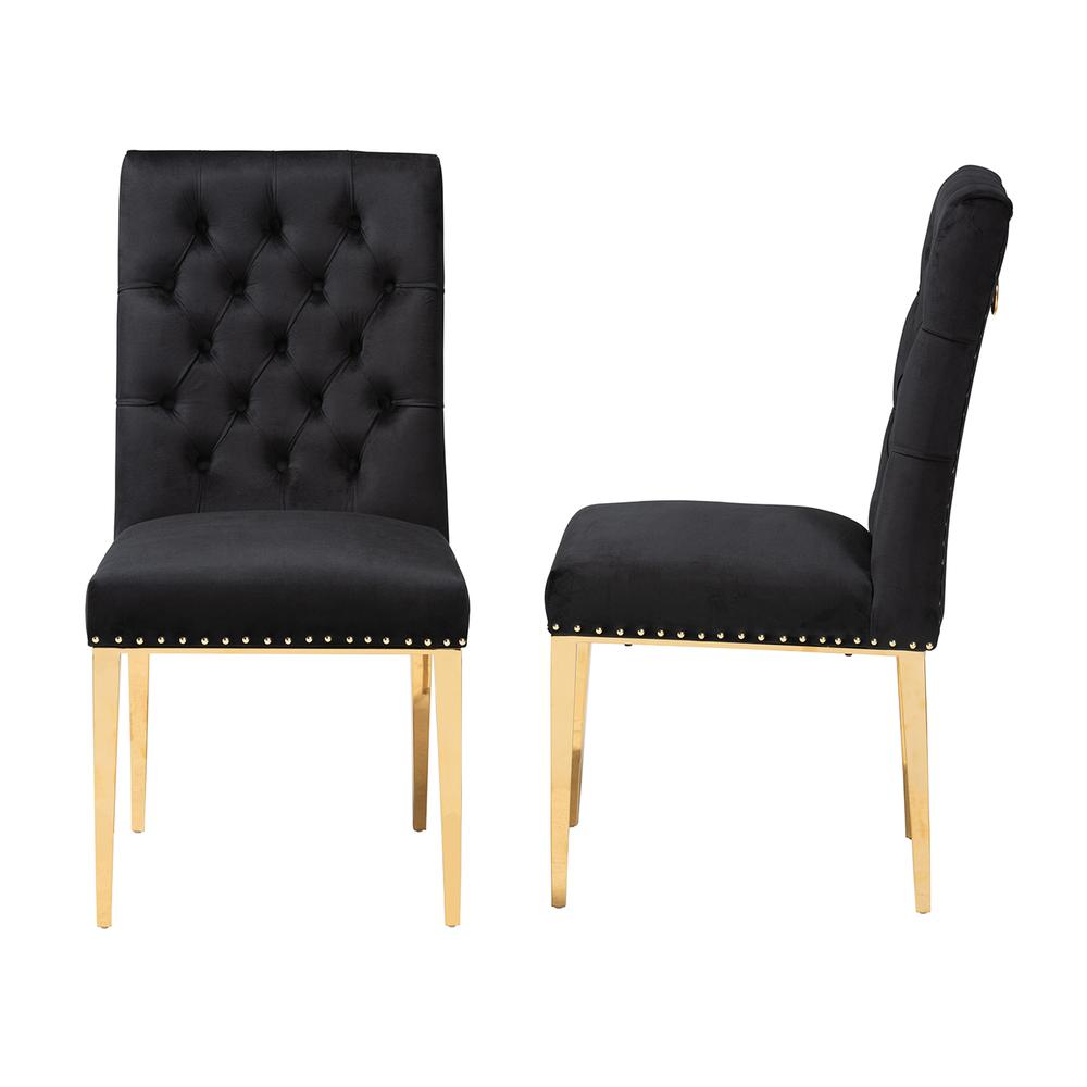 Glam and Luxe Black Velvet Fabric and Gold Metal 2-Piece Dining Chair Set. Picture 13